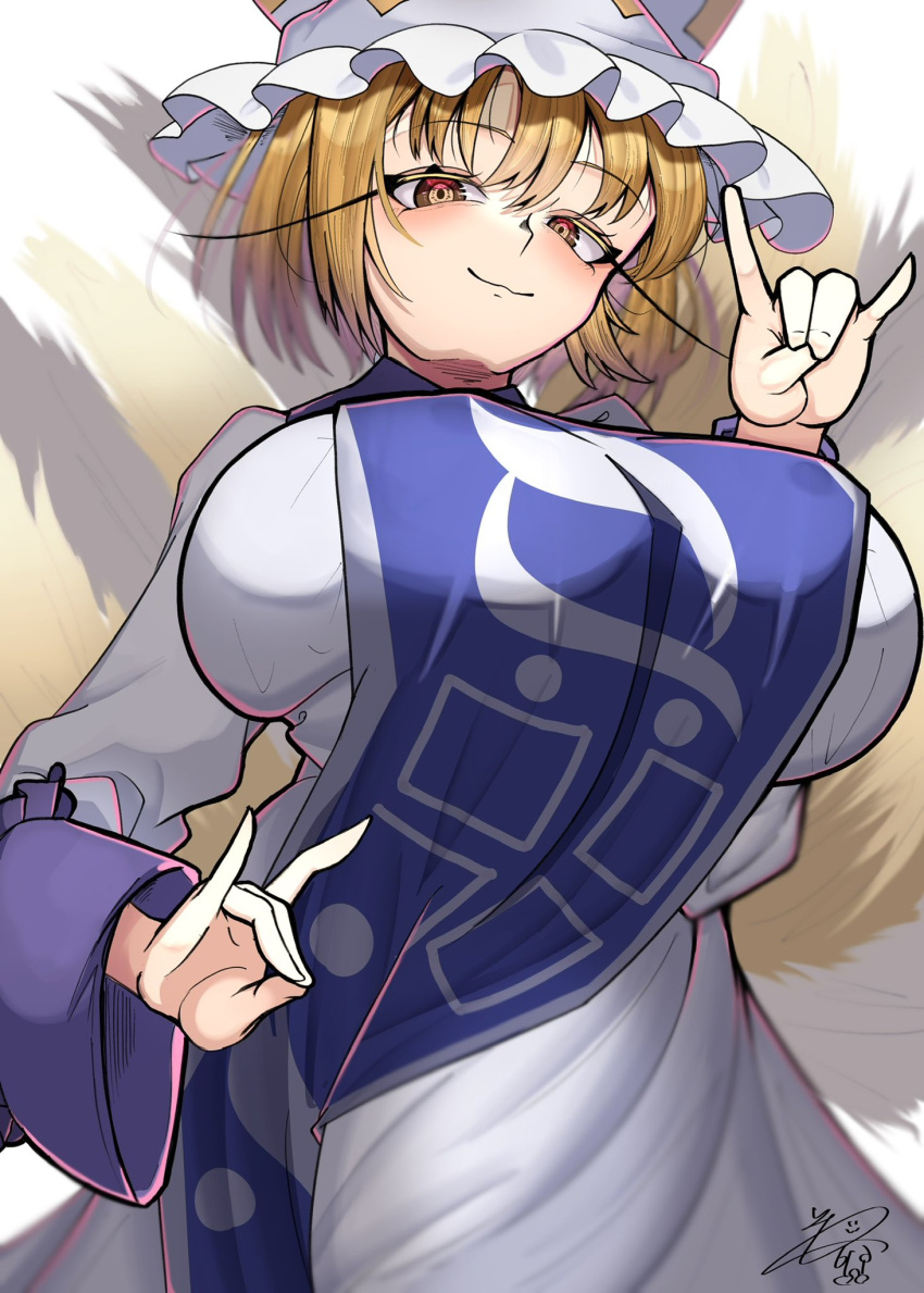 1girl animal_ears blonde_hair breasts brown_eyes closed_mouth commentary_request double_fox_shadow_puppet dress eyelashes fox_ears fox_shadow_puppet fox_tail from_below hat highres huge_breasts kaitojaja19980520 light_smile mob_cap multiple_tails short_hair solo tabard tail touhou white_dress yakumo_ran
