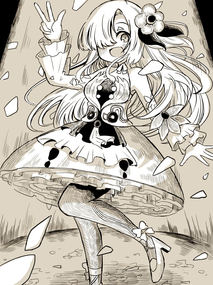 1girl bare_shoulders blush commentary_request detached_sleeves dress flower foot_out_of_frame greyscale hair_flower hair_ornament hair_over_one_eye high_heels highres isekai_joucho kamitsubaki_studio long_hair looking_at_viewer monochrome multicolored_clothes multicolored_dress open_mouth pantyhose petals sleeveless sleeveless_dress smile smison solo standing standing_on_one_leg virtual_youtuber