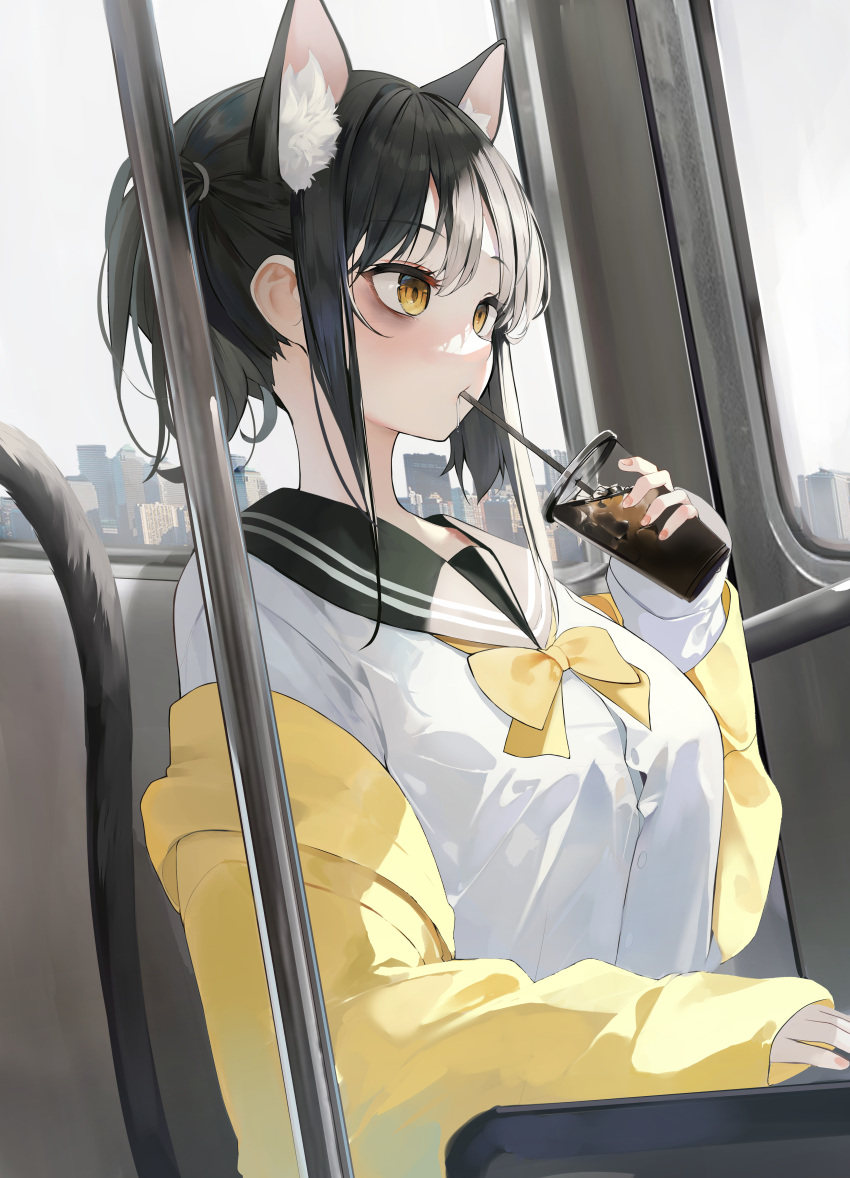 1girl absurdres animal_ear_fluff animal_ears animal_ears_(norankkori) bags_under_eyes black_hair black_sailor_collar bow breasts building cat_ears cup drinking drinking_straw fingernails highres holding holding_cup iced_coffee jacket original sailor_collar sitting solo window yellow_bow yellow_eyes yellow_jacket