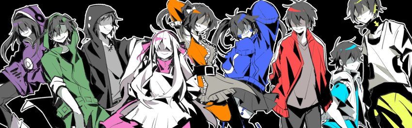 4girls 5boys amamiya_hibiya aqua_jacket black_background black_hair blue_jacket dress ene_(kagerou_project) green_jacket green_pants hair_ribbon highres hood hood_up hoodie jacket kagerou_project kano_shuuya kido_tsubomi kisaragi_momo kisaragi_shintarou konoha_(kagerou_project) kozakura_marry long_hair long_sleeves multiple_boys multiple_girls open_mouth orange_dress pants parted_lips pink_dress pink_ribbon purple_hoodie red_jacket ribbon seto_kousuke shaded_face simple_background smile south_ac very_long_hair white_hair