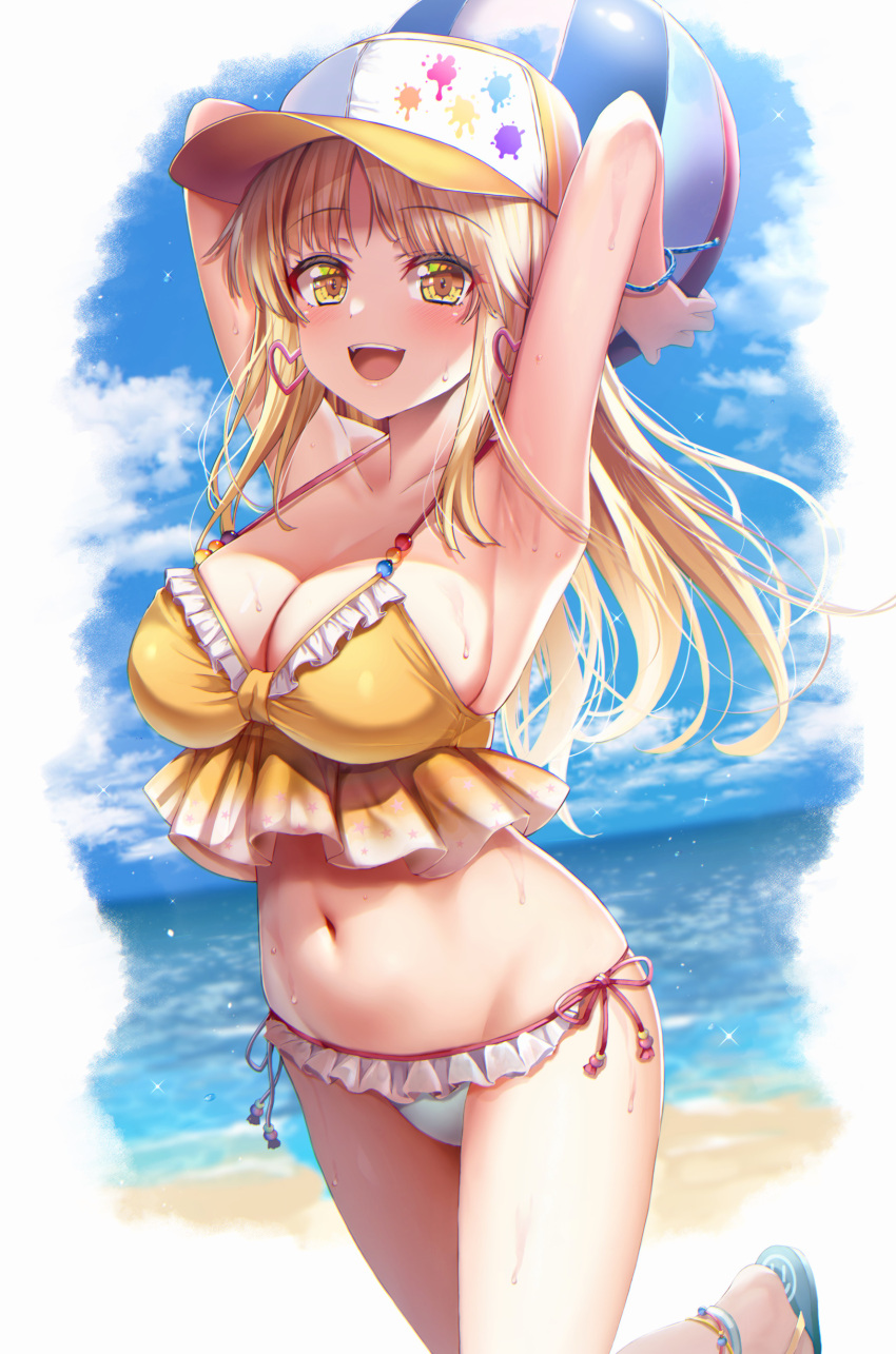 1girl absurdres armpits arms_behind_head arms_up ball bang_dream! baseball_cap beach beachball bikini blonde_hair blue_sky blush breasts cleavage cloud commentary_request cowboy_shot earrings frilled_bikini frills hat heart heart_earrings highres holding holding_ball jewelry kamita large_breasts long_hair looking_at_viewer mismatched_bikini navel ocean open_mouth outdoors sky smile solo sparkle standing standing_on_one_leg swimsuit tareme tsurumaki_kokoro wet wristband yellow_bikini yellow_eyes yellow_headwear