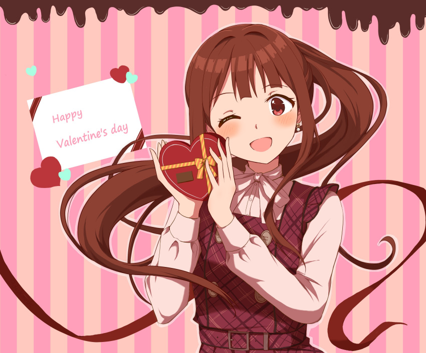 1girl :d absurdres blush box box_of_chocolates brown_hair card collared_shirt dashimeshi dress earrings floating_hair happy_valentine head_tilt heart-shaped_box highres holding holding_box idolmaster idolmaster_million_live! jewelry long_bangs long_hair long_sleeves looking_at_viewer neck_ribbon one_eye_closed open_mouth own_hands_together pinafore_dress plaid plaid_dress raised_eyebrows red_dress red_eyes ribbon shirt sleeveless sleeveless_dress smile solo striped striped_background tanaka_kotoha upper_body white_ribbon white_shirt