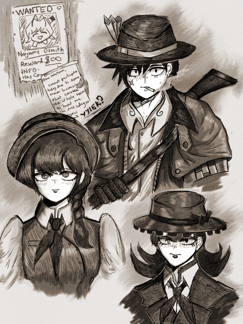 1boy 2girls alternate_costume cowboy cowboy_hat cowboy_western hat highres komi-san_wa_komyushou_desu komi_shouko monochrome multiple_girls original osana_najimi_(komi-san_wa_komyushou_desu) smoking tadano_hitohito yamai_ren yyiek?