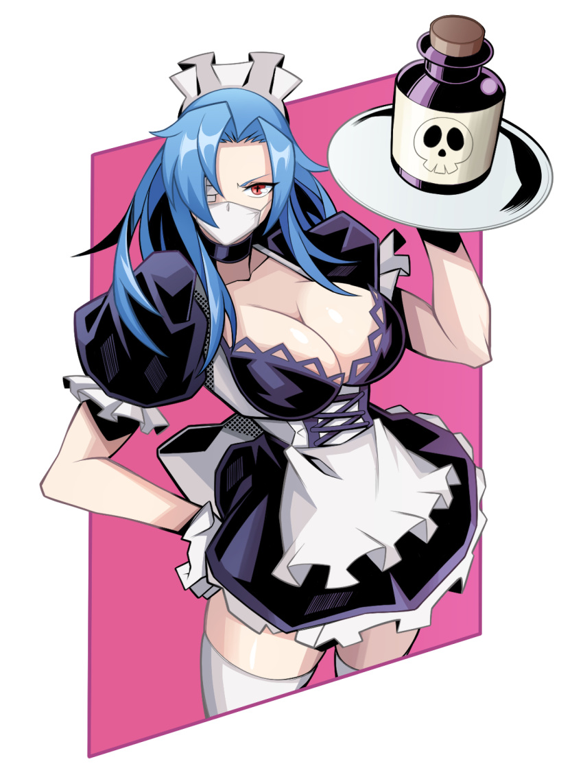 +_+ 1girl alternate_hairstyle black_dress blue_hair breasts cleavage collarbone dress eyepatch gloves hand_on_own_hip highres holding holding_plate large_breasts long_hair looking_at_viewer maid maid_day maid_headdress mask mouth_mask parted_bangs plate poison puffy_short_sleeves puffy_sleeves red_eyes short_sleeves skull skullgirls solo surgical_mask thighhighs user_hhpf8775 valentine_(skullgirls) white_gloves white_thighhighs