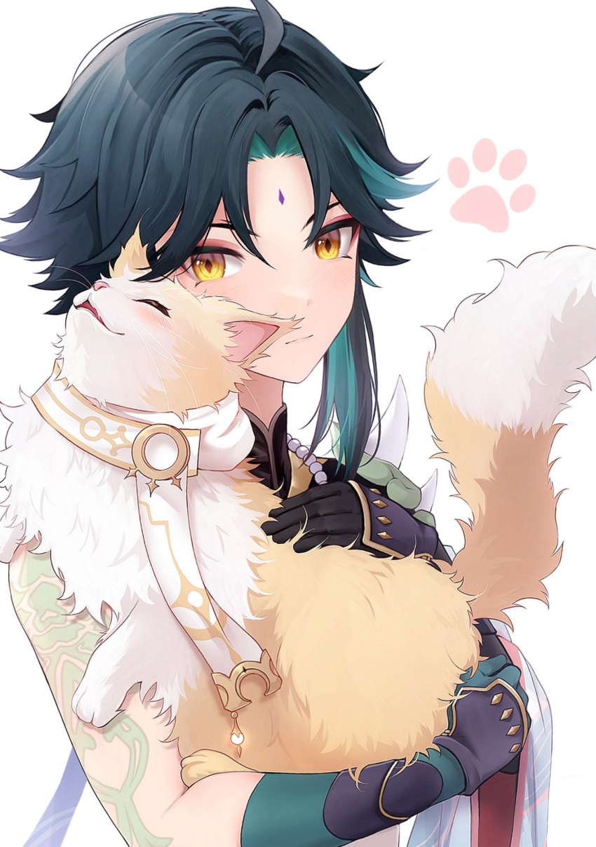 1boy aether_(genshin_impact) animalization arm_tattoo bead_necklace beads black_hair cat closed_mouth facial_mark genshin_impact gloves green_gloves green_hair highres jewelry male_focus multicolored_hair necklace nm_(u_ci2) tattoo xiao_(genshin_impact) yellow_eyes yellow_fur