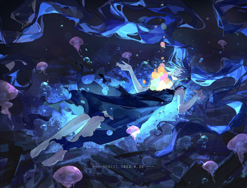 1girl absurdly_long_hair artist_name bare_legs bare_shoulders barefoot black_dress blue_eyes blue_hair bubble commentary dated dress floating_hair guguzi hatsune_miku highres jellyfish long_hair looking_up lying on_back outdoors parted_lips shinkai_shoujo_(vocaloid) simple_background solo twintails underwater very_long_hair vocaloid water