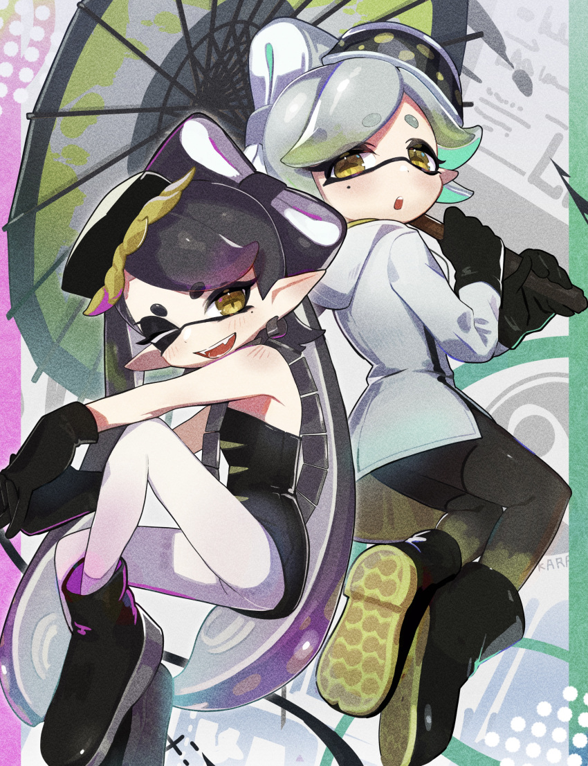 2girls ;d absurdres bare_shoulders black_dress black_footwear black_gloves black_pantyhose blush boots callie_(splatoon) coat cousins cross-shaped_pupils dress earrings fangs gloves grey_coat grey_hair highres hikimayu holding holding_umbrella invisible_chair jewelry knee_up long_hair looking_at_viewer marie_(splatoon) mole mole_under_eye multiple_girls oil-paper_umbrella one_eye_closed open_mouth pantyhose pointy_ears short_dress short_hair sitting smile splatoon_(series) splatoon_3 strapless strapless_dress symbol-shaped_pupils tatedano_kabae tentacle_hair thick_eyebrows umbrella white_pantyhose yellow_eyes