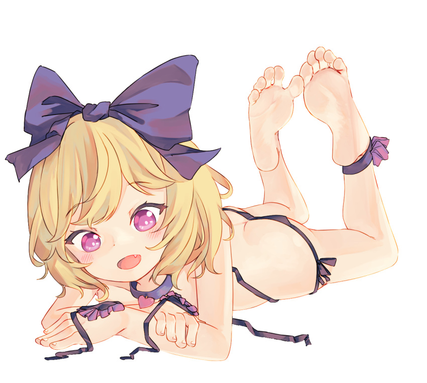 1girl ankle_ribbon ass barefoot bikini black_bikini black_bow blonde_hair blush bow chaosexceed collar commission elly_(tonari_no_kyuuketsuki-san) english_commentary feet full_body hair_bow heart_collar leg_ribbon looking_at_viewer lying mixed-language_commentary on_stomach open_mouth pixiv_commission purple_eyes ribbon short_hair side-tie_bikini_bottom simple_background smile soles solo swimsuit the_pose toes tonari_no_kyuuketsuki-san untied_bikini white_background