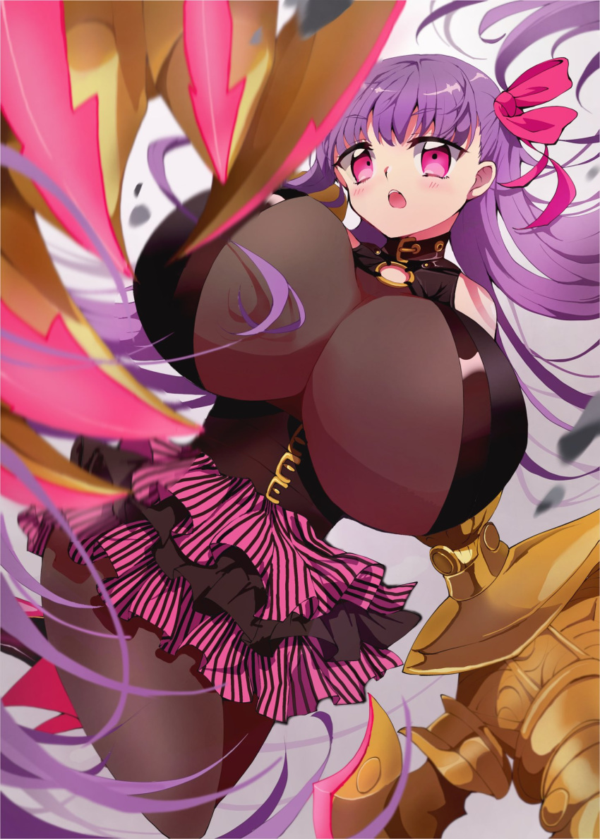 1girl bare_shoulders belt_collar blush bouncing_breasts breasts claw_(weapon) claws collar fate/extra fate/extra_ccc fate/grand_order fate_(series) gigantic_breasts hair_ribbon highres long_hair looking_at_viewer o-ring o-ring_top open_mouth passionlip_(fate) pink_eyes pink_ribbon purple_hair ribbon solo toyosu unaligned_breasts very_long_hair weapon