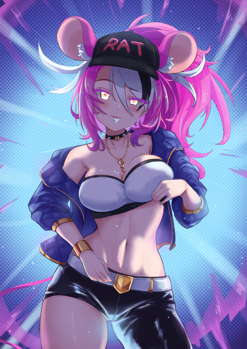 1girl absurdres akali akali_(cosplay) alternate_costume alternate_hairstyle animal_ear_fluff animal_ears asymmetrical_clothes bandeau baseball_cap black_hair black_jacket black_pants bracelet breasts cafelittle choker clothes_lift contrapposto cosplay fangs hair_between_eyes hakos_baelz hat high_ponytail highres hololive hololive_english jacket jewelry k/da_(league_of_legends) k/da_akali key_necklace leather leather_pants looking_at_viewer midriff mouse_ears mouse_girl mouse_tail multicolored_hair navel necklace off_shoulder paint_on_body pants raised_eyebrow red_hair shirt_lift single_bare_shoulder single_pantsleg solo spiked_choker spikes stomach strapless streaked_hair swept_bangs tail tongue tongue_out tube_top unaligned_breasts virtual_youtuber white_bandeau white_hair white_tube_top wide_ponytail yellow_eyes