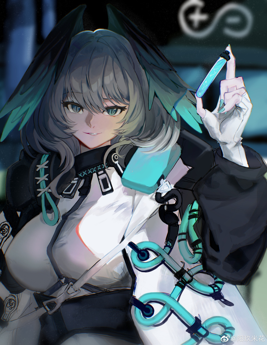 1girl absurdres aqua_eyes aqua_nails aqua_wings arknights between_breasts breasts coat dark_background dress feathered_wings fingerless_gloves fingernails gloves grey_hair grin hair_between_eyes head_wings highres ho'olheyak_(arknights) holding holding_test_tube infection_monitor_(arknights) large_breasts long_coat long_sleeves looking_at_viewer open_clothes open_coat open_mouth rhine_lab_logo sharp_fingernails short_hair sidelocks slit_pupils smile solo strap_between_breasts test_tube upper_body weibo_6628261692 white_dress white_gloves wings