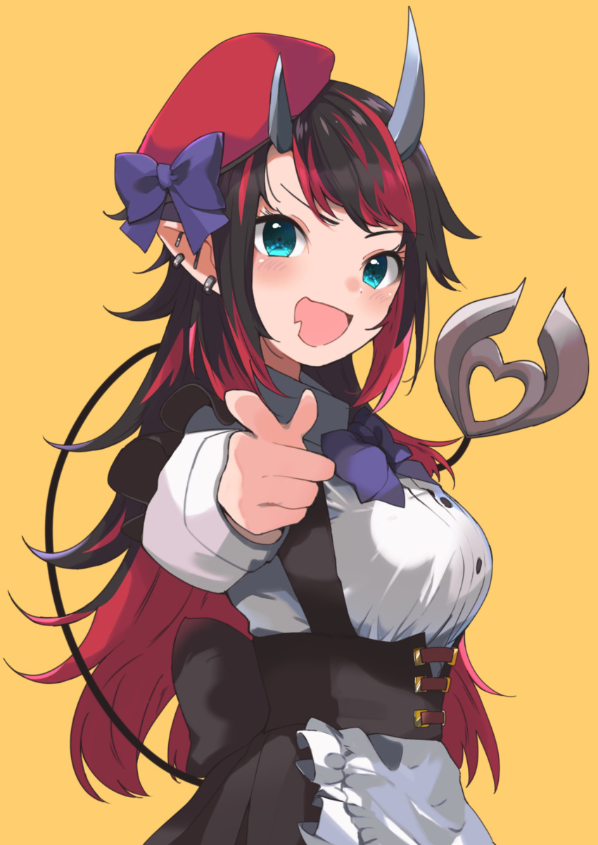 1girl absurdres alternate_costume apron beret black_hair black_skirt blue_eyes blush bow bowtie breasts buttons collared_shirt commentary_request cowboy_shot demon_girl demon_horns demon_tail frilled_apron frills hat hat_bow highres horns large_breasts long_hair long_sleeves looking_at_viewer looking_to_the_side multicolored_hair nanashi_inc. open_mouth pointing pointing_at_viewer pointy_ears purple_bow purple_bowtie red_hair red_headwear ryugasaki_rene shirt simple_background skirt smile solo sugar_lyric tail two-tone_hair underbust virtual_youtuber waist_apron white_apron white_shirt yellow_background zono_(inokura_syuzo029)