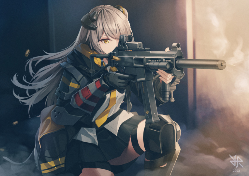 1girl artist_name black_gloves black_jacket black_skirt commission dated firing girls'_frontline gloves grey_hair gun h&amp;k_ump highres hiroki_ree jacket long_hair multicolored_clothes multicolored_jacket necktie optical_sight shell_casing shirt single_glove skirt solo submachine_gun suppressor thighs two-tone_jacket ump45_(girls'_frontline) vertical_foregrip weapon white_shirt yellow_eyes yellow_jacket yellow_necktie