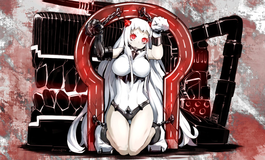 1girl abyssal_ship airfield_princess breasts gauntlets gloves horns kantai_collection kneeling large_breasts leotard long_hair looking_at_viewer machinery oso_(toolate) pale_skin parted_lips red_eyes sidelocks simple_background single_gauntlet single_glove solo twitter_username very_long_hair white_footwear white_gloves white_hair