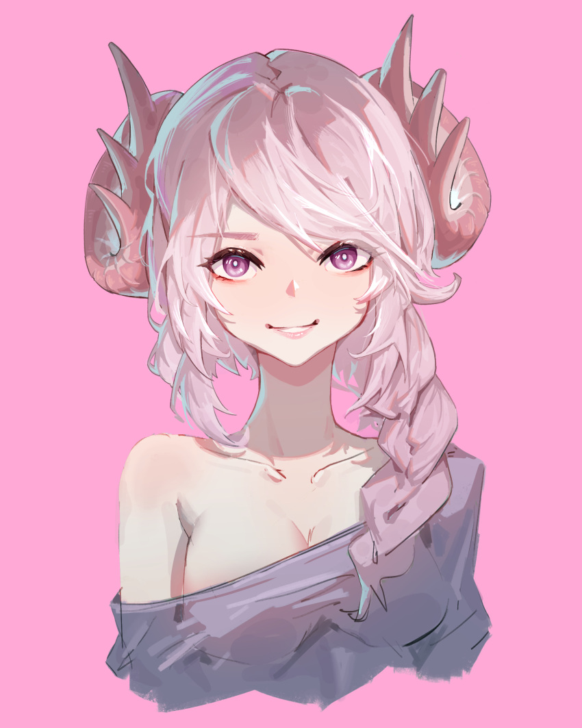 1girl absurdres alternate_costume braid breasts casual cleavage dragon_girl dragon_horns duel_monster highres horns mahcl_(mhcl3466) nurse_dragonmaid pink_background pink_eyes pink_hair pink_theme single_bare_shoulder sketch smile solo upper_body yu-gi-oh!