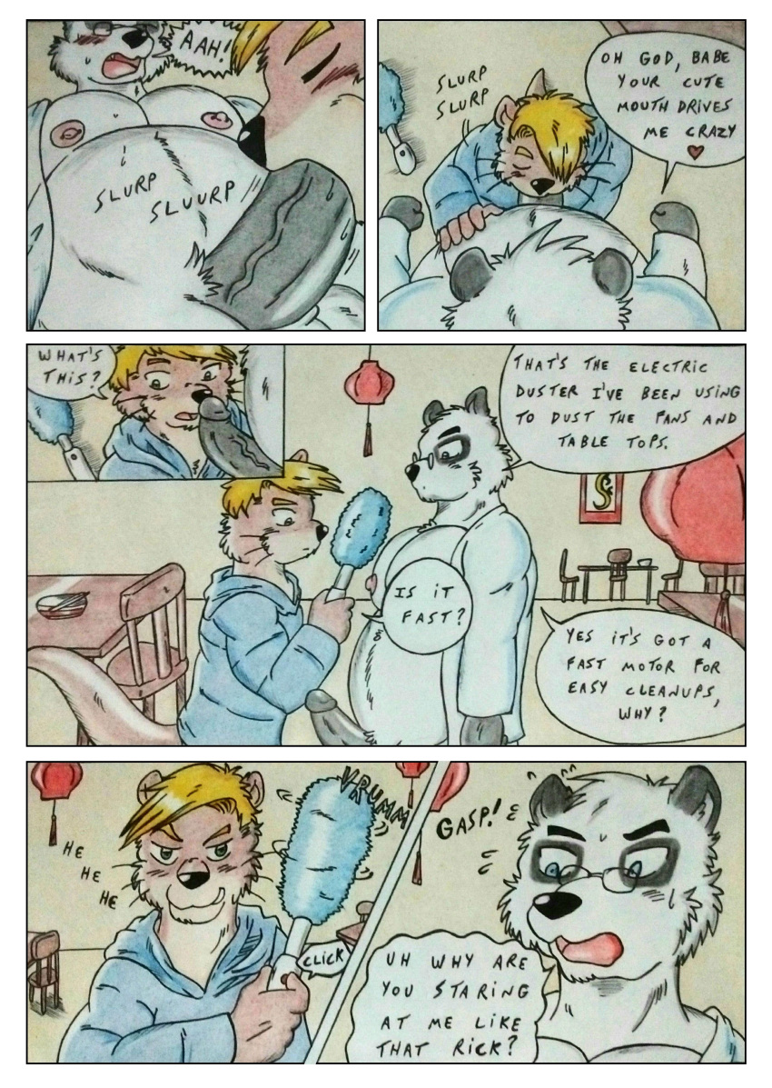 absurd_res anthro areola balls barazoku bear belly big_belly black_nose black_penis blonde_hair blue_clothing blue_eyes blush blush_lines bodily_fluids brown_body brown_fur chair cleaning_tool clothed clothing comic comic_panel dashthefox detailed_background dialogue duo electric_mop english_text erect_nipples erection eyewear fellatio fur furniture genitals giant_panda glasses green_eyes hair hi_res huge_belly kink lamp lantern looking_at_viewer looking_pleasured male male/male mammal manly moan musclegut muscular muscular_anthro muscular_male mustelid naughty_face nipple_piercing nipples nude onomatopoeia open_clothing open_mouth open_shirt open_topwear oral otter overweight overweight_anthro overweight_male paper_lantern pecs penile penis piercing restaurant scared sex shirt smile sound_effects speech_bubble sweat sweatdrop table text topwear traditional_media_(artwork) uniform vein veiny_penis view viewed_from_above white_body white_fur