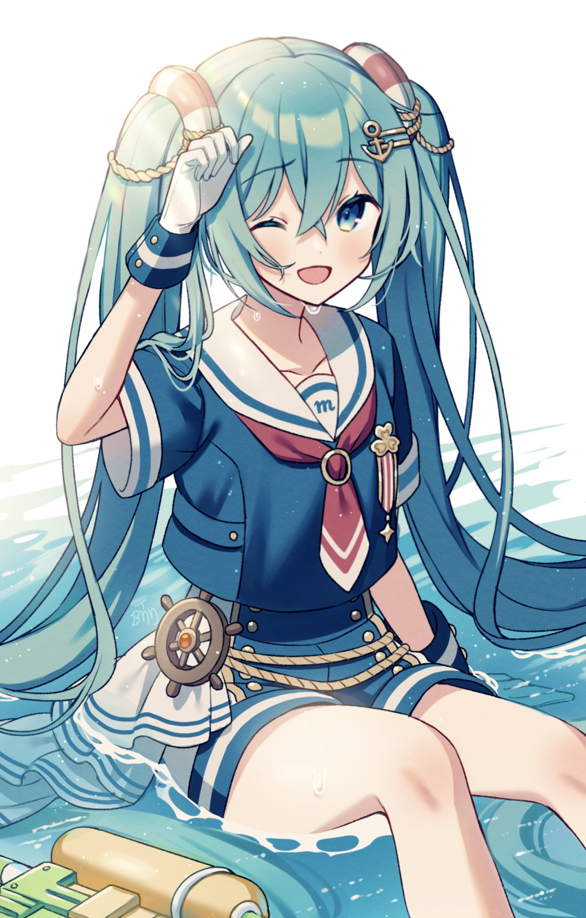 1girl absurdres anchor_hair_ornament blue_eyes blue_hair blue_shirt blue_shorts commentary edward-el funade_no_mae_no_one_day_trip_(project_sekai) gloves hair_ornament hand_up hatsune_miku highres innertube innertube_hair_ornament long_hair looking_at_viewer more_more_jump!_miku necktie one_eye_closed open_mouth project_sekai red_necktie sailor_collar ship's_wheel shirt shorts sidelocks sitting smile solo super_soaker very_long_hair vocaloid water wet wet_clothes white_background white_gloves white_sailor_collar wrist_cuffs