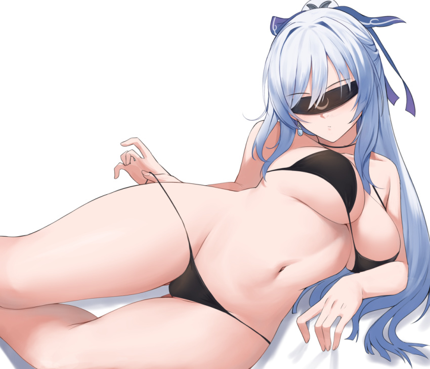 1girl bikini black_bikini black_blindfold blindfold blush breasts earrings hair_between_eyes half_updo honkai:_star_rail honkai_(series) jewelry jingliu_(honkai:_star_rail) kauru00 large_breasts long_hair looking_at_viewer lying navel on_side panties ponytail simple_background solo string_panties swimsuit thighs underwear white_background white_hair