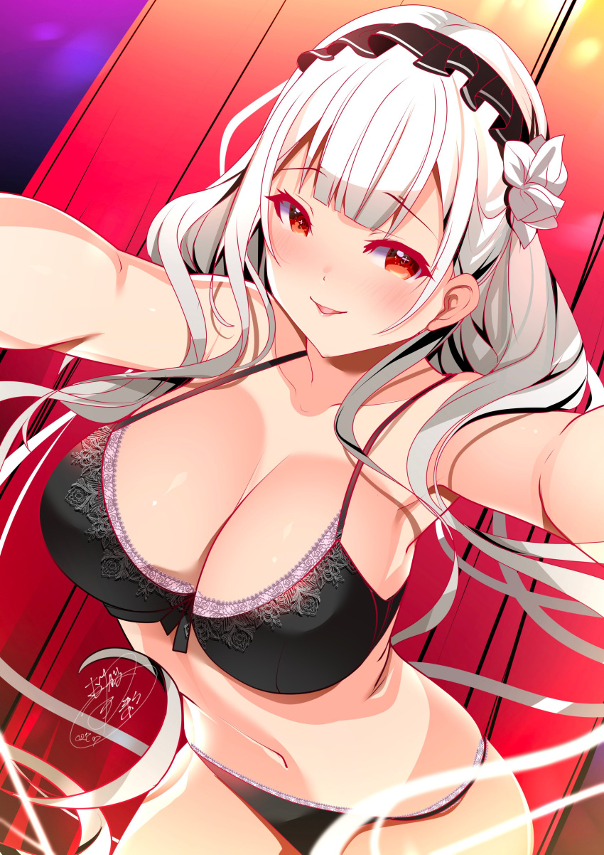 1girl absurdres azur_lane black_bra black_panties bra breasts cleavage cowboy_shot highres lace-trimmed_bra lace-trimmed_panties lace_trim large_breasts lingerie long_hair looking_at_viewer maid_headdress origami_aya outstretched_arms panties parted_lips red_eyes scylla_(azur_lane) underwear white_hair