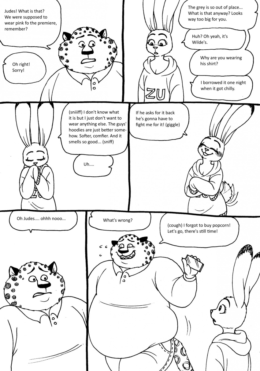2023 anthro benjamin_clawhauser bernielover bernielover's_college_au blush breasts cheetah cleavage clothed clothing comic dialogue disney duo english_text felid feline female fur hi_res hoodie judy_hopps lagomorph leporid male mammal markings monochrome overweight overweight_anthro overweight_male polo_shirt rabbit shirt sleeves_past_wrists spots spotted_body spotted_fur tail tail_motion tailwag text topwear zootopia