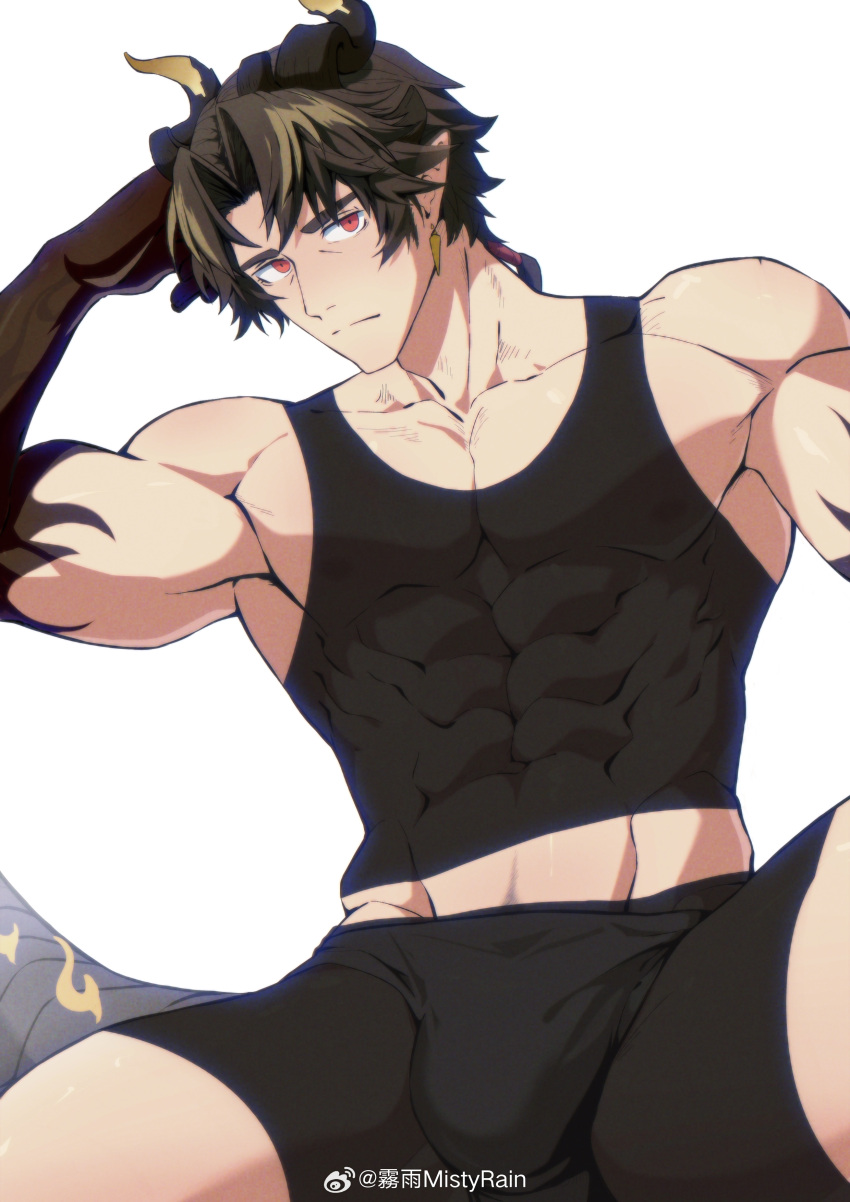 1boy absurdres arknights bara black_male_underwear black_skin black_tank_top boxers bulge chong_yue_(arknights) colored_skin daziran_de_duqiyan dragon_boy dragon_horns dragon_tail gradient_skin highres horns looking_at_viewer male_focus male_underwear midriff_peek multicolored_hair muscular muscular_male pectoral_cleavage pectorals pointy_ears sidepec solo sparse_navel_hair spread_legs streaked_hair tail tank_top thick_eyebrows thick_thighs thighs underwear