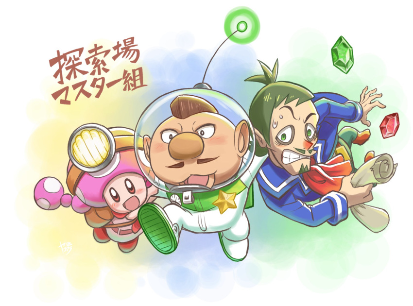 1girl 2boys alien antenna_hair arm_around_shoulder backpack badge bag beard belt belt_buckle big_nose blue_background blue_jacket blue_pants blush blush_stickers border brown_bag brown_belt brown_eyes brown_hair brown_shirt buckle captain_toad:_treasure_tracker character_request charlie_(pikmin) clenched_teeth collared_jacket commentary_request dark_green_hair facial_hair gauge green_background green_eyes green_light headlamp helmet highres holding holding_another's_arm holding_scroll jacket koaraymt long_sleeves low_twintails mario_(series) mixed-language_commentary mohawk multicolored_background multiple_boys mustache necktie nose_blush open_mouth pants pikmin_(series) pointy_ears pointy_nose radio_antenna red_belt red_footwear red_necktie rupee_(zelda) scroll shirt shoes short_hair solid_oval_eyes space_helmet spacesuit star_(symbol) super_smash_bros. sweat teeth the_legend_of_zelda toadette translation_request twintails very_short_hair whistle white_border yellow_background