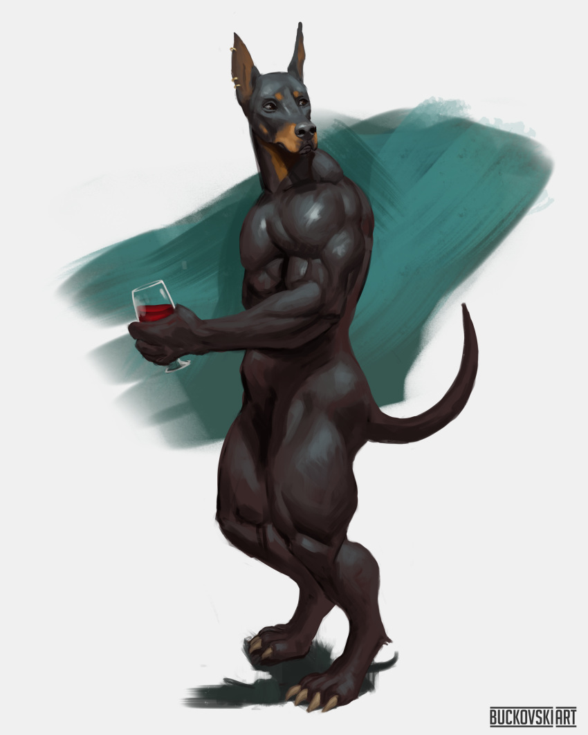 absurd_res alcohol anthro beverage biceps black_body black_fur brown_body brown_fur buckovskiart canid canine canis container cup dobermann domestic_dog drinking_glass ears_up forearms full-length_portrait fur glass glass_container glass_cup hi_res male male/male mammal muscular piercing pinscher portrait quads solo tail triceps weretober wine wine_glass