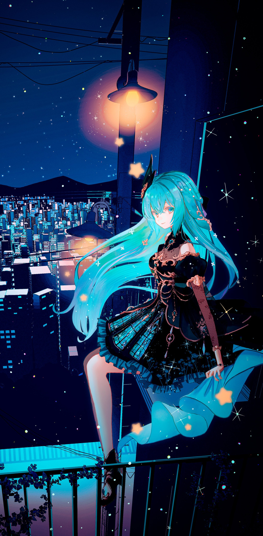 1girl absurdres black_dress black_footwear blue_eyes blue_hair braid breasts city cloud9 crown_braid curtains depths_(vtuber) dress english_commentary fence floating_hair from_side high_heels highres jewelry lamppost long_hair looking_at_viewer medium_breasts melty_(corolla) night power_lines ring second-party_source sitting smile solo star_(sky) virtual_youtuber watch wristwatch