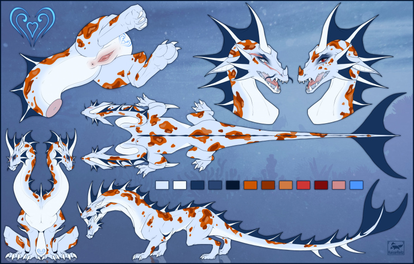 anus blind_eye dragon duo female feral frill_(anatomy) genitals hi_res high-angle_view hydra kaisarreitz long_tail looking_at_viewer model_sheet pussy quadrapedal sitting snowblind_(hjtm) snowbound_(hjtm) tail womb_tattoo