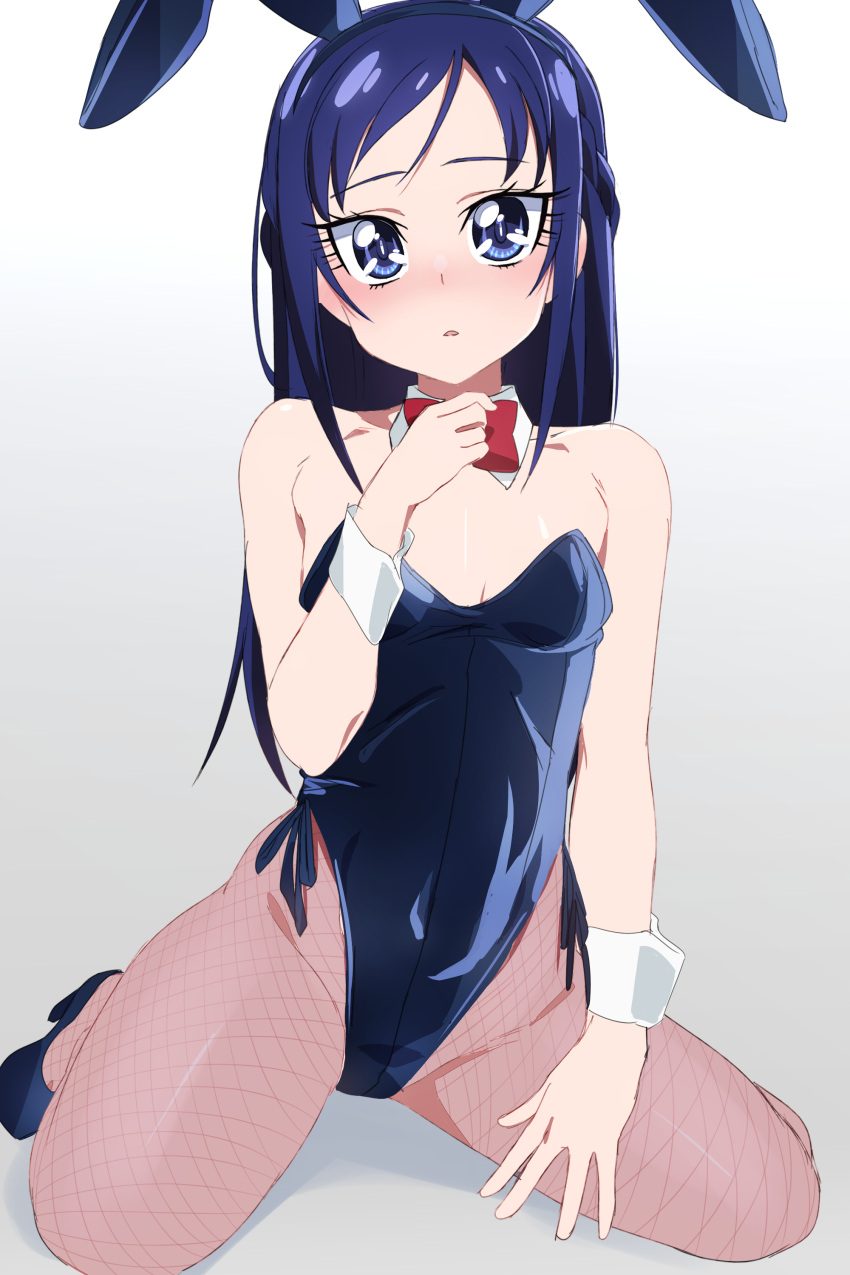 1girl absurdres animal_ears black_leotard blue_eyes blue_hair bow bowtie braid breasts brown_leotard commentary_request crown_braid detached_collar dokidoki!_precure highres hishikawa_rikka leotard long_hair looking_at_viewer oimanji pantyhose playboy_bunny precure rabbit_ears red_bow red_bowtie side-tie_leotard small_breasts solo strapless strapless_leotard white_background wrist_cuffs