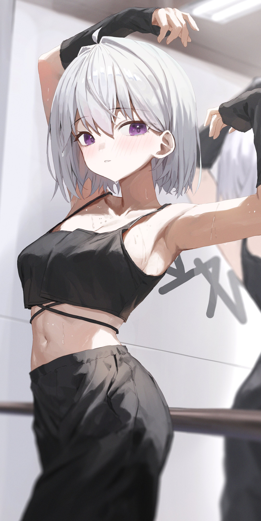 1girl absurdres ahoge alternate_hair_length alternate_hairstyle arm_up arm_warmers armpits bare_shoulders black_pants black_shirt blurry breasts camisole crop_top depth_of_field gnns hand_up highres ine_(vtuber) looking_at_viewer midriff navel pants parted_lips purple_eyes reflection shirt short_hair sleeveless sleeveless_shirt small_breasts solo stomach sweat virtual_youtuber waktaverse white_hair