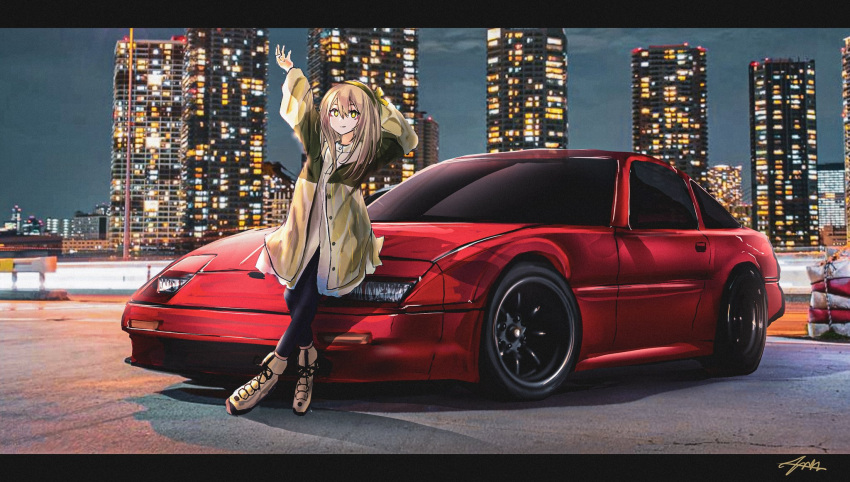 black_pantyhose brown_footwear brown_hair brown_headwear brown_jacket brown_shirt character_name city commission girls'_frontline hand_on_own_head hat highres jacket letterboxed long_hair looking_at_viewer nissan_300zx nissan_300zx_(z31) nissan_fairlady_z nougat_(73r1r1) open_hand pantyhose shadow shirt signature smile vehicle_focus