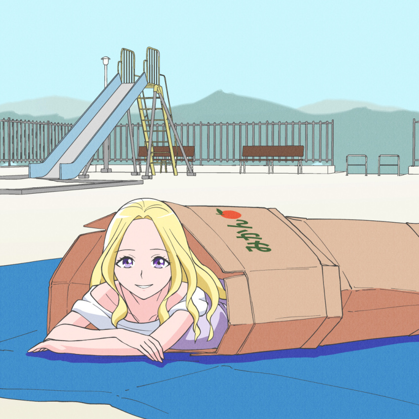 1girl bench blonde_hair box byackopath_(artist) cardboard_box commentary day fuurin_asumi healin'_good_precure homeless in_box in_container long_hair looking_at_viewer outdoors precure purple_eyes slide smile solo tarpaulin