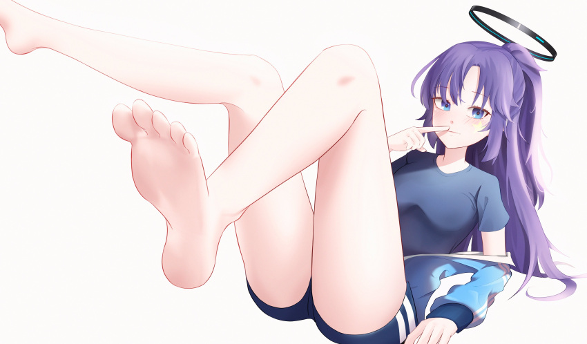 1girl absurdres ani_hero barefoot black_halo black_shirt blue_archive blue_buruma blue_track_suit buruma commentary facial_hair feet feet_up foot_focus full_body halo highres legs long_hair looking_at_viewer off_shoulder official_alternate_costume pointing pointing_at_self purple_hair reclining shirt simple_background sitting soles solo star_(symbol) thighs toes white_background yuuka_(blue_archive) yuuka_(track)_(blue_archive)