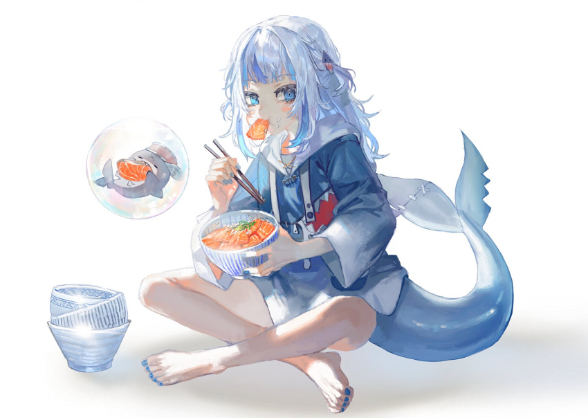1girl animal_costume barefoot bloop_(gawr_gura) blue_eyes blue_hair blue_nails blunt_bangs bowl bowl_stack bubble chopsticks crossed_legs fins fish_(food) fish_tail food food_in_mouth food_on_face gawr_gura gawr_gura_(1st_costume) hair_ornament highres holding holding_bowl hololive hololive_english legs looking_at_viewer medium_hair multicolored_hair nail_polish no_pants quasarcake rice shark_costume shark_girl shark_hair_ornament shark_tail sidelocks stitches streaked_hair tail two_side_up white_background white_hair wide_sleeves