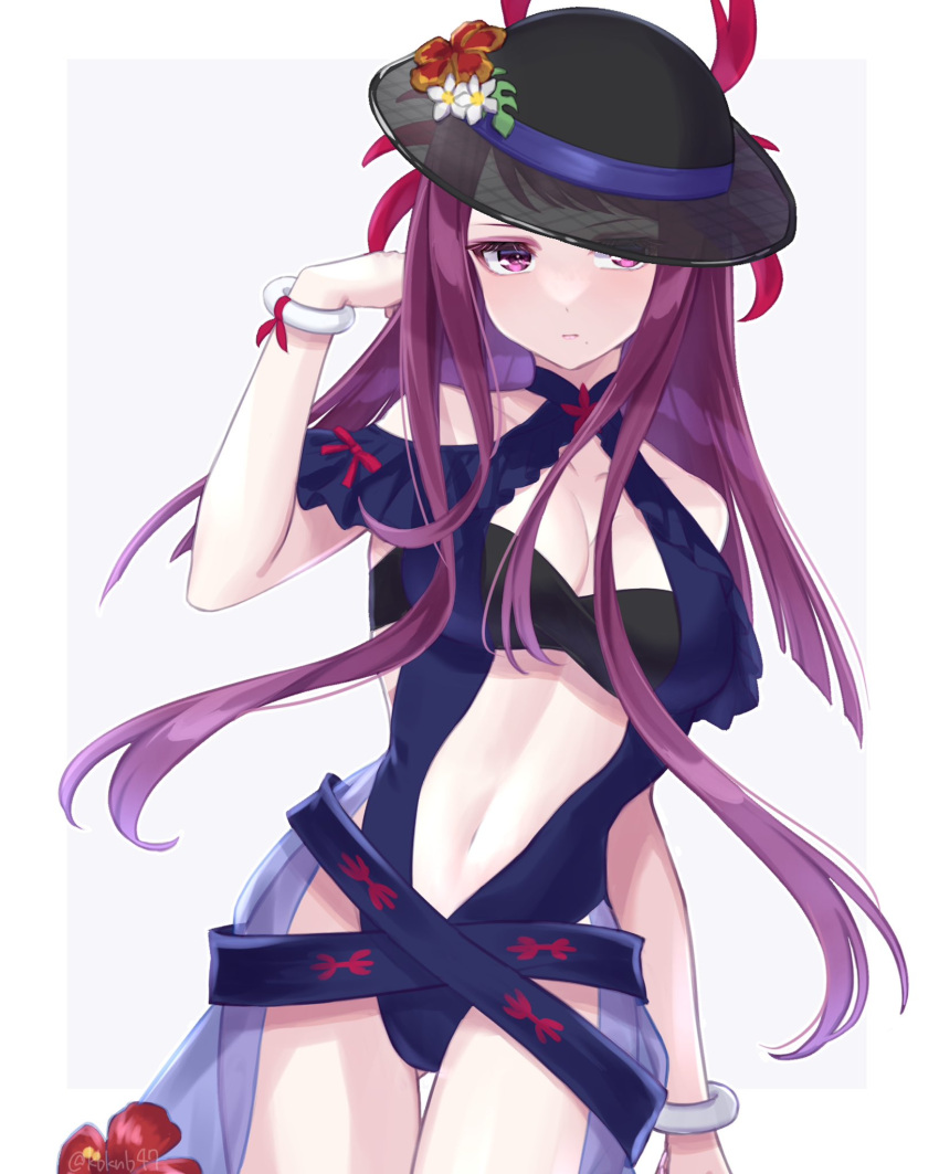 1girl bare_shoulders black_headwear breasts cleavage clothing_cutout dress dress_swimsuit expressionless fire_emblem fire_emblem_engage fire_emblem_heroes flower hat highres hoya_kbknb47 ivy_(fire_emblem) ivy_(summer)_(fire_emblem) large_breasts long_hair looking_at_viewer mole mole_on_cheek mole_under_mouth navel official_alternate_costume one-piece_swimsuit purple_eyes purple_hair solo stomach stomach_cutout swimsuit