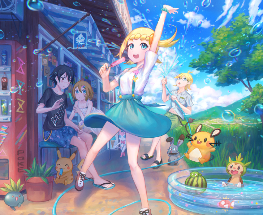 2boys 2girls alternate_costume arm_up ash_ketchum belt black_belt black_footwear black_hair blonde_hair bonnie_(pokemon) breast_pocket brown_footwear building bunnelby chespin clemont_(pokemon) cloud collared_shirt commentary_request day dedenne dress food green_shorts green_skirt hair_ornament hairclip holding hose kutsunohito magikarp multiple_boys multiple_girls oddish outdoors pikachu pocket pokemon pokemon_(anime) pokemon_(creature) pokemon_xy_(anime) popsicle sandals serena_(pokemon) shirt shoes short_hair short_sleeves shorts sitting skirt sky sylveon t-shirt tree vending_machine water_drop white_dress white_shirt zygarde zygarde_core