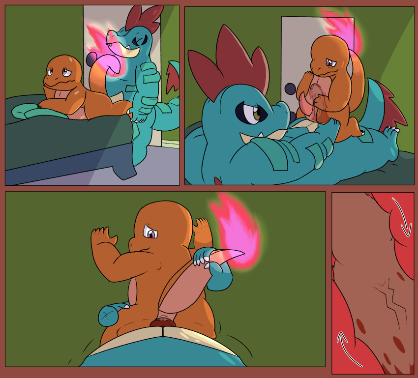 abdominal_bulge absurd_res anal anthro bodily_fluids cel_shading charmander comic_panel digital_media_(artwork) duo feral feraligatr fire first_person_view flaming_tail generation_1_pokemon generation_2_pokemon genital_fluids genitals hi_res internal lemonoki male male/male male_penetrating nintendo nude orange_body orange_skin penetration penis pokemon pokemon_(species) scalie sex shaded simple_background size_difference tail