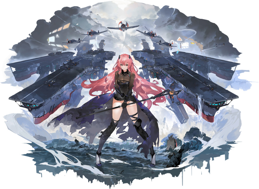 1girl aircraft airplane artist_request azur_lane black_dress black_footwear black_gloves black_thighhighs boots breasts cannon cape cleavage cloak closed_mouth cloud dress full_body gloves hair_between_eyes headgear high_heel_boots high_heels highres holding holding_staff holding_weapon large_breasts long_hair looking_at_viewer military military_vehicle official_art pink_eyes pink_hair pleated_dress princeton_(azur_lane) princeton_(meta)_(azur_lane) red_eyes rigging see-through ship short_dress sky smile smoke solo staff standing thigh_boots thigh_strap thighhighs torn_clothes turret very_long_hair warship water watercraft weapon