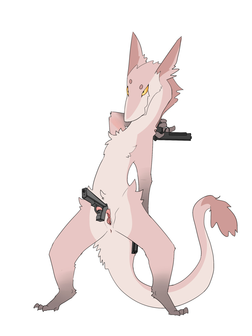 absurd_res anthro anus aquest chest_tuft clitoral_hood clitoris female genitals gun hi_res leg_markings markings nude prehensile_clitoral_hood pussy ranged_weapon sergal socks_(marking) solo tail tail_tuft triple_wielding tuft weapon