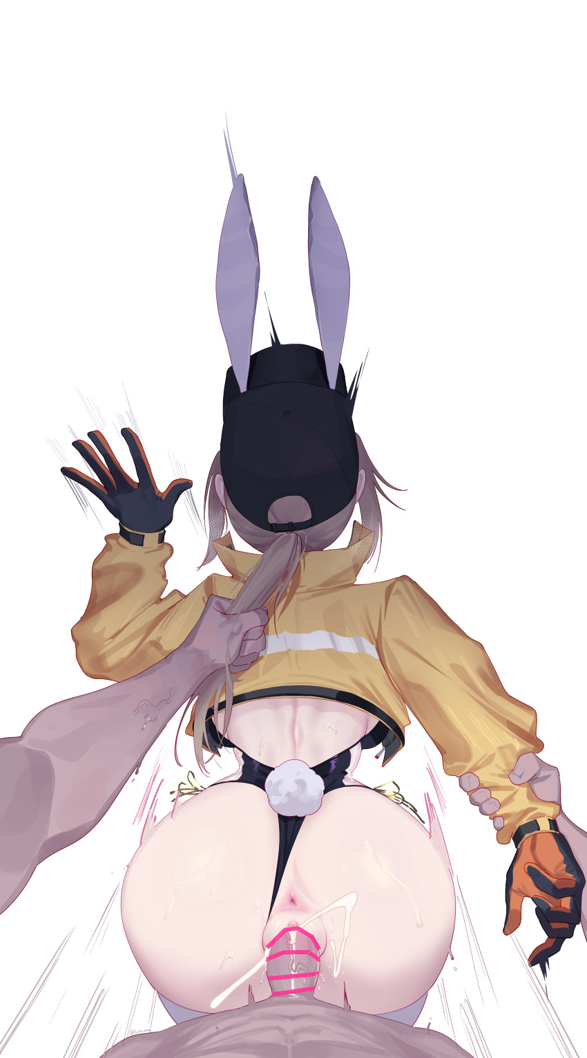 1boy 1girl absurdres animal_ears anus arm_grab ass bar_censor baseball_cap bent_over black_headwear black_leotard brown_hair censored clothed_sex clothing_aside cropped_jacket cum cum_in_pussy cum_overflow dima_(girls'_frontline) eonsang fake_animal_ears fake_tail girls'_frontline gloves grabbing_another's_hair hat hetero high_ponytail highres jacket leotard leotard_aside long_hair long_sleeves penis playboy_bunny pussy rabbit_ears rabbit_tail sex simple_background solo_focus tail vaginal white_background yellow_jacket