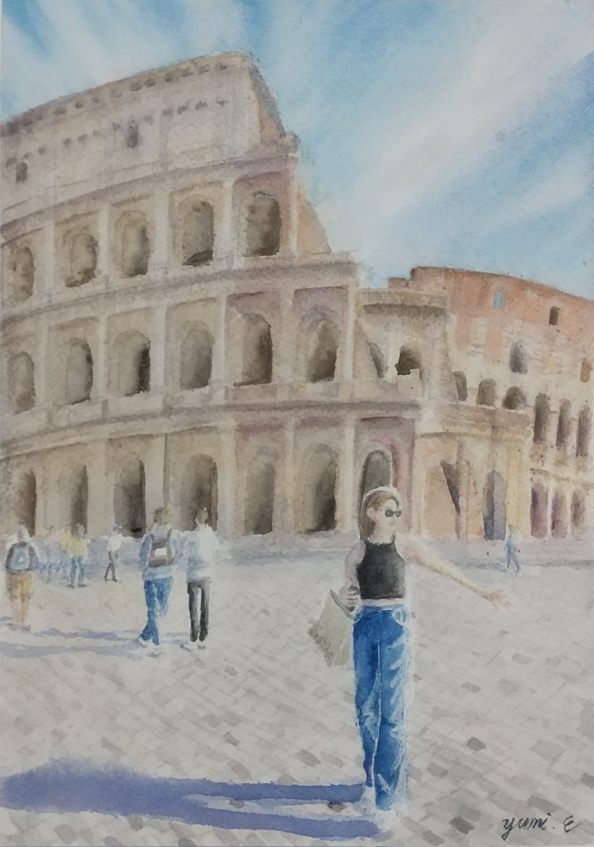 arch arena city colosseum day highres miyuchan777 original painting_(medium) rome_(city) ruins scenery shadow sunlight traditional_media watercolor_(medium)