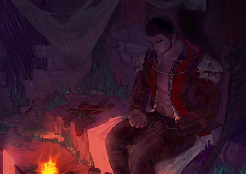 1boy abs absurdres avenger_(dungeon_and_fighter) baimeme bara beard black_hair campfire chest_hair crying crying_with_eyes_open dark-skinned_male dark_skin dungeon_and_fighter facial_hair feet_out_of_frame highres large_pectorals male_focus male_priest_(dungeon_and_fighter) mature_male muscular muscular_male navel_hair nipples open_clothes open_shirt pectoral_cleavage pectorals priest_(dungeon_and_fighter) scar scar_on_face scar_on_forehead short_hair sitting solo stomach tears thick_eyebrows