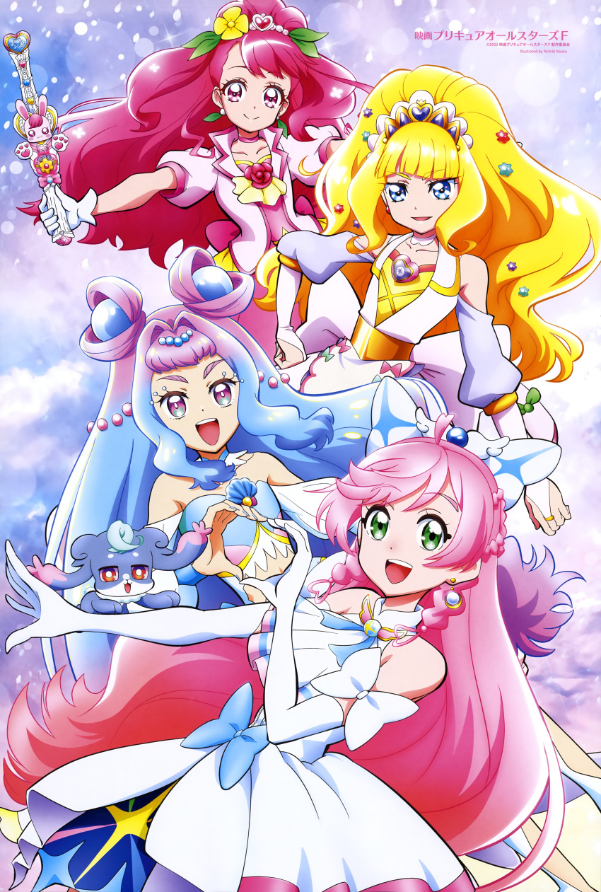 4girls :d absurdres blonde_hair blue_eyes blue_hair bow bridal_gauntlets closed_mouth collarbone crop_top cure_finale cure_la_mer cure_prism delicious_party_precure dress elbow_gloves flower gloves gradient_hair green_eyes hair_bow hair_flower hair_intakes hair_ornament hanadera_nodoka healin'_good_precure heart heart_hair_ornament heart_hands heart_hands_duo highres hiramitsu_hinata hirogaru_sky!_precure holding kasai_amane laura_la_mer long_hair midriff multicolored_eyes multicolored_hair multiple_girls open_mouth pink_hair precure purple_hair rabirin_(precure) red_eyes red_hair sleeveless sleeveless_dress smile stomach strapless tropical-rouge!_precure very_long_hair white_bow white_dress white_gloves yellow_flower