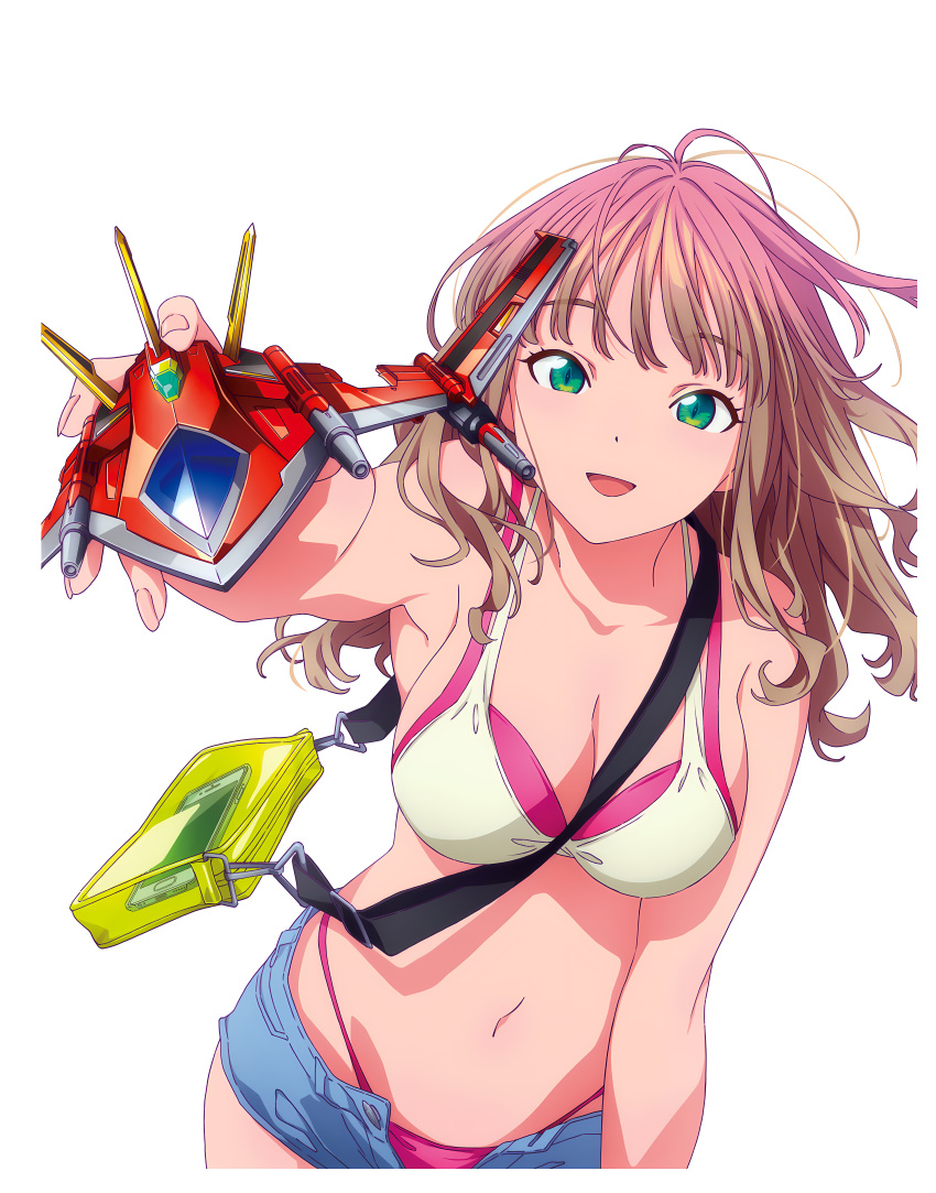 1girl absurdres alternate_breast_size bag bare_shoulders between_breasts bikini breasts brown_hair cellphone cleavage collarbone cover denim denim_shorts dyna_wing dynazenon_(character) gradient_hair green_eyes gridman_universe heart highleg highleg_bikini highres holding layered_bikini looking_at_viewer medium_breasts medium_hair megami_magazine minami_yume multicolored_hair navel non-web_source official_art open_mouth phone pink_bikini pink_hair pink_shorts sakamoto_masaru short_shorts shorts simple_background smartphone smile solo ssss.dynazenon strap_between_breasts swimsuit transparent_background unbuttoned wavy_hair white_background