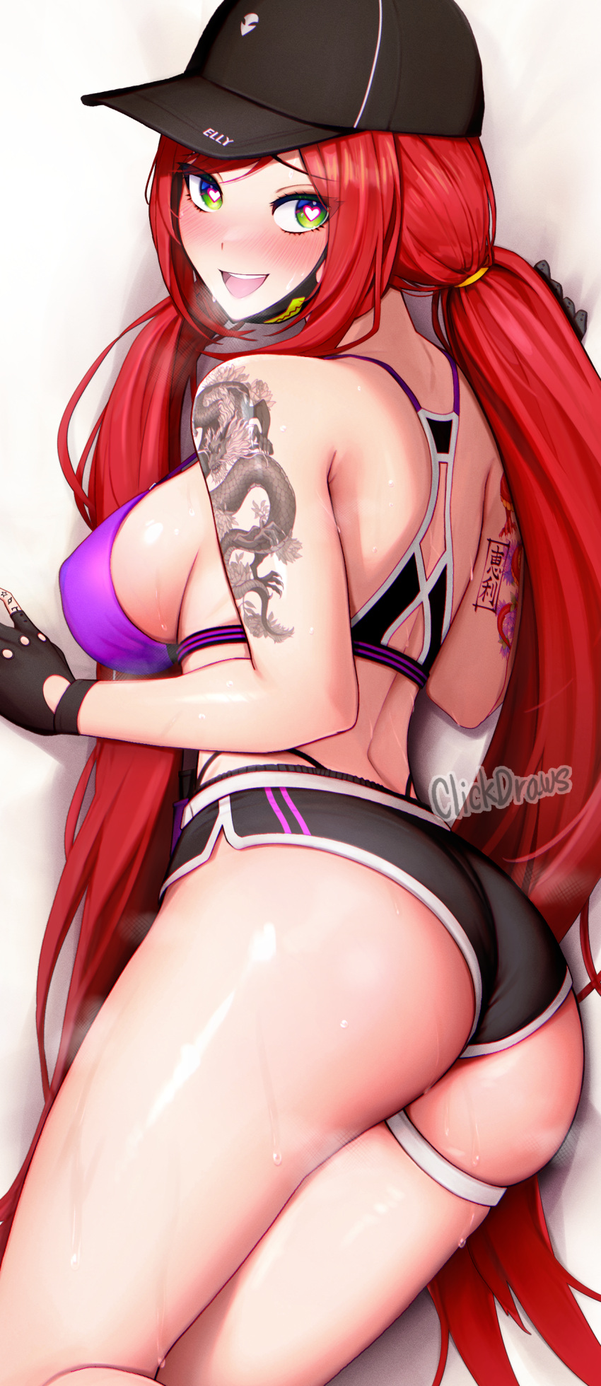 1girl :d absurdres arm_tattoo ass back bare_arms bare_shoulders baseball_cap black_gloves black_headwear black_shorts blush bra breasts clickdraws covered_nipples dakimakura_(medium) dolphin_shorts elly_(vtuber) fingerless_gloves from_behind gloves green_eyes hat heart heart-shaped_pupils heavy_breathing highleg highres indie_virtual_youtuber large_breasts long_hair looking_at_viewer looking_back lying mask mask_pull micro_shorts mouth_mask on_side open_mouth panty_straps purple_bra racerback red_hair round_teeth shiny_skin shorts shoulder_tattoo skindentation smile solo string_bra sweat symbol-shaped_pupils tattoo teeth thigh_strap thighs thong underwear upper_teeth_only very_long_hair virtual_youtuber white_footwear