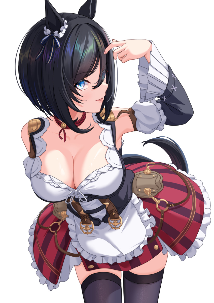1girl animal_ears bare_shoulders black_hair black_thighhighs blue_eyes blush breasts choker cleavage commentary detached_sleeves dirndl dress ear_ornament eishin_flash_(umamusume) frilled_dress frills german_clothes highres horse_ears horse_girl horse_tail large_breasts long_sleeves looking_at_viewer looking_to_the_side open_mouth philo_324 pleated_skirt red_choker short_hair simple_background skirt sleeveless sleeveless_dress smile solo tail thighhighs umamusume white_background