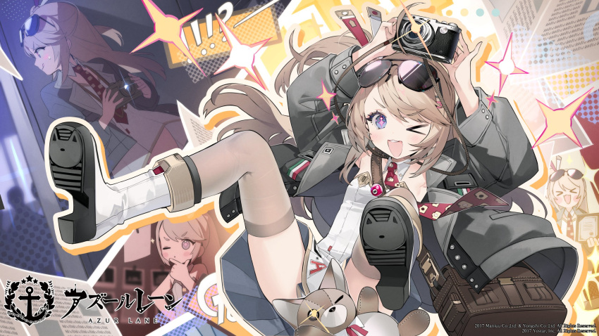 &gt;_&lt; 1girl alfredo_oriani_(azur_lane) arms_up azur_lane bag black_jacket boots brown_hair brown_thighhighs camera copyright_name dress eyewear_on_head highres holding holding_camera italian_flag jacket long_sleeves namyo necktie official_art one_eye_closed open_clothes open_jacket open_mouth purple_eyes red_necktie shoulder_bag sleeveless sleeveless_dress smile solo sparkle sunglasses symbol-shaped_pupils thighhighs white_dress white_footwear