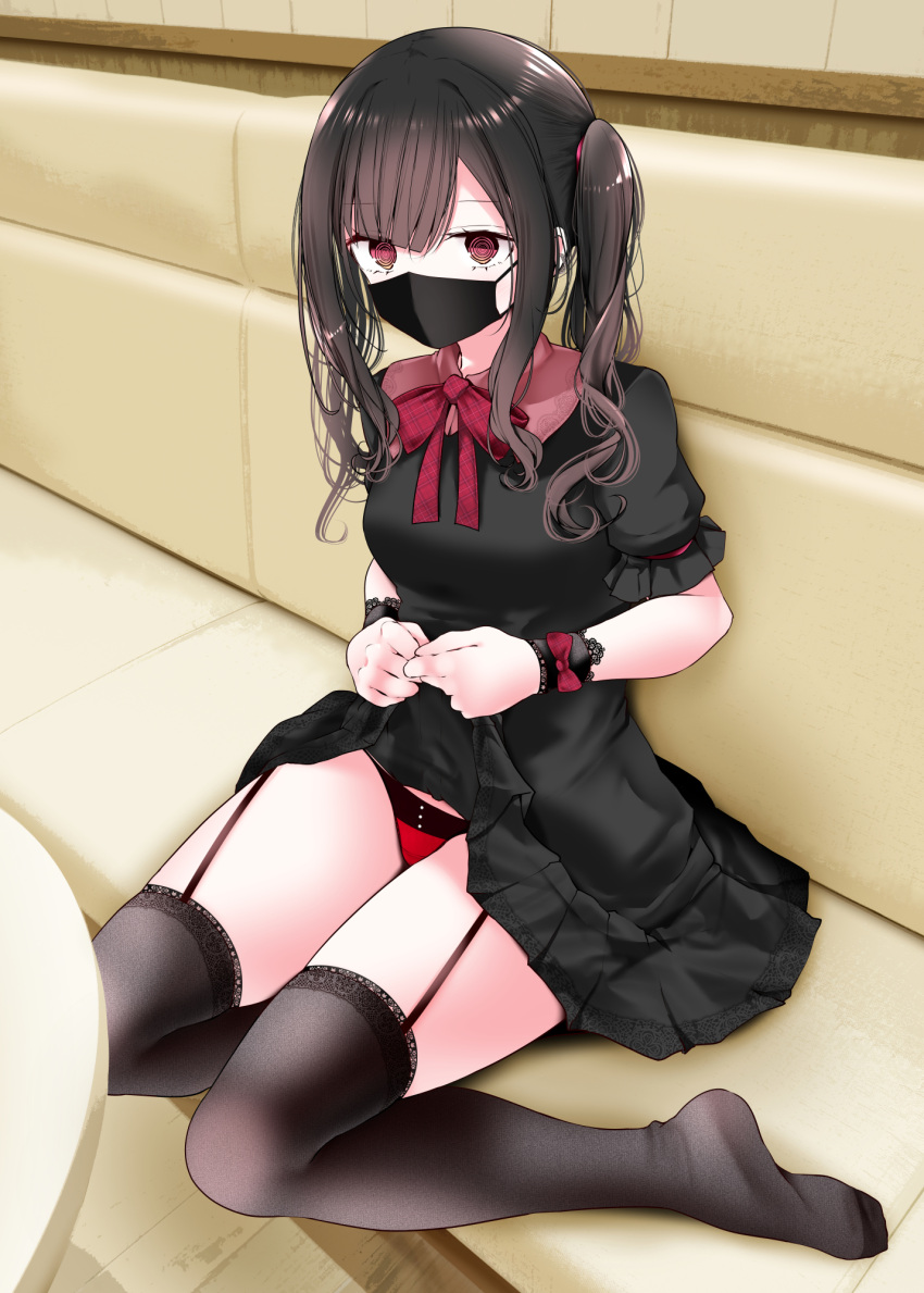 1girl @_@ black_dress black_hair black_thighhighs bow bowtie breasts brown_eyes clothes_lift dress dress_lift feet fine_fabric_emphasis frilled_sleeves frills full_body garter_straps highres indoors legs lifted_by_self long_hair looking_at_viewer mask medium_breasts mouth_mask no_shoes oouso original panties puffy_short_sleeves puffy_sleeves red_panties ringed_eyes short_sleeves sitting soles solo thighhighs thighs toes twintails underwear wariza