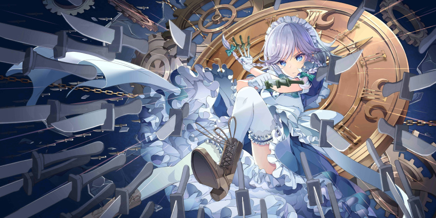 1girl apron blue_dress blue_eyes boots bow braid bridal_garter brown_footwear chain clock closed_mouth cross-laced_footwear dress floating_hair foot_out_of_frame frilled_dress frills fruit_punch gloves green_bow grey_hair hair_bow highres holding holding_knife izayoi_sakuya knife long_hair looking_at_viewer maid_apron maid_headdress non-web_source official_art second-party_source solo thighhighs touhou touhou_lost_word twin_braids white_apron white_gloves white_thighhighs